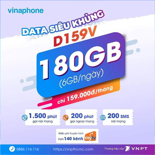 Gói D159V VinaPhone 6GB/ngày + Thoại 1700 phút + 200SMS + MyTV OTT