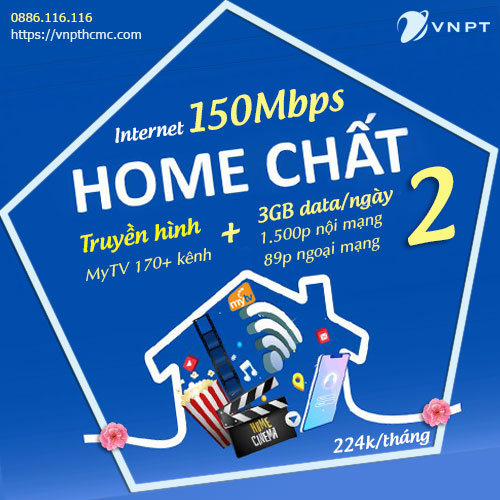Home chất 2 VNPT gói Internet 150Mbps + truyền hình MyTV. Tặng Thêm 3GB data/ngày & Thoại nội mạng, ngoài mạng