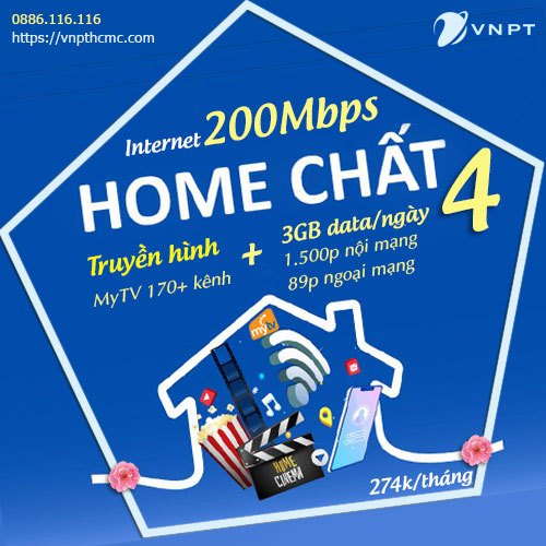 Home chất 4 VNPT gói Internet 200Mbps + truyền hình MyTV. Tặng Thêm 3GB data/ngày & Thoại nội mạng, ngoài mạng
