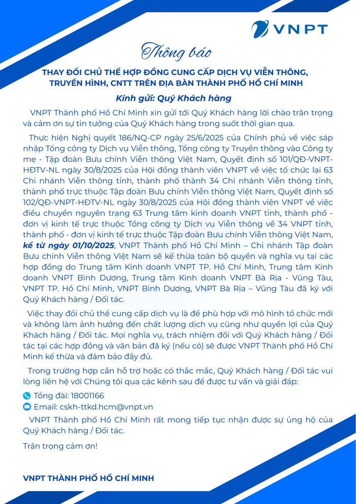 VNPT TP Hồ Chí Minh Thông báo thay đổi chủ thể hợp đồng từ 01/10/2025